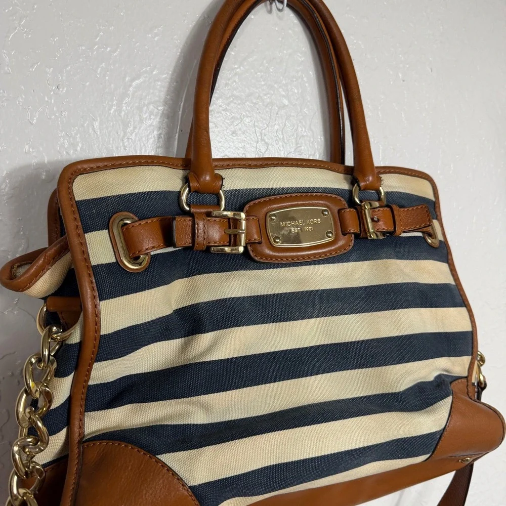 Michael Kors Hamilton Satchel Navy Cream Striped Canvas Leather Trim Handbag